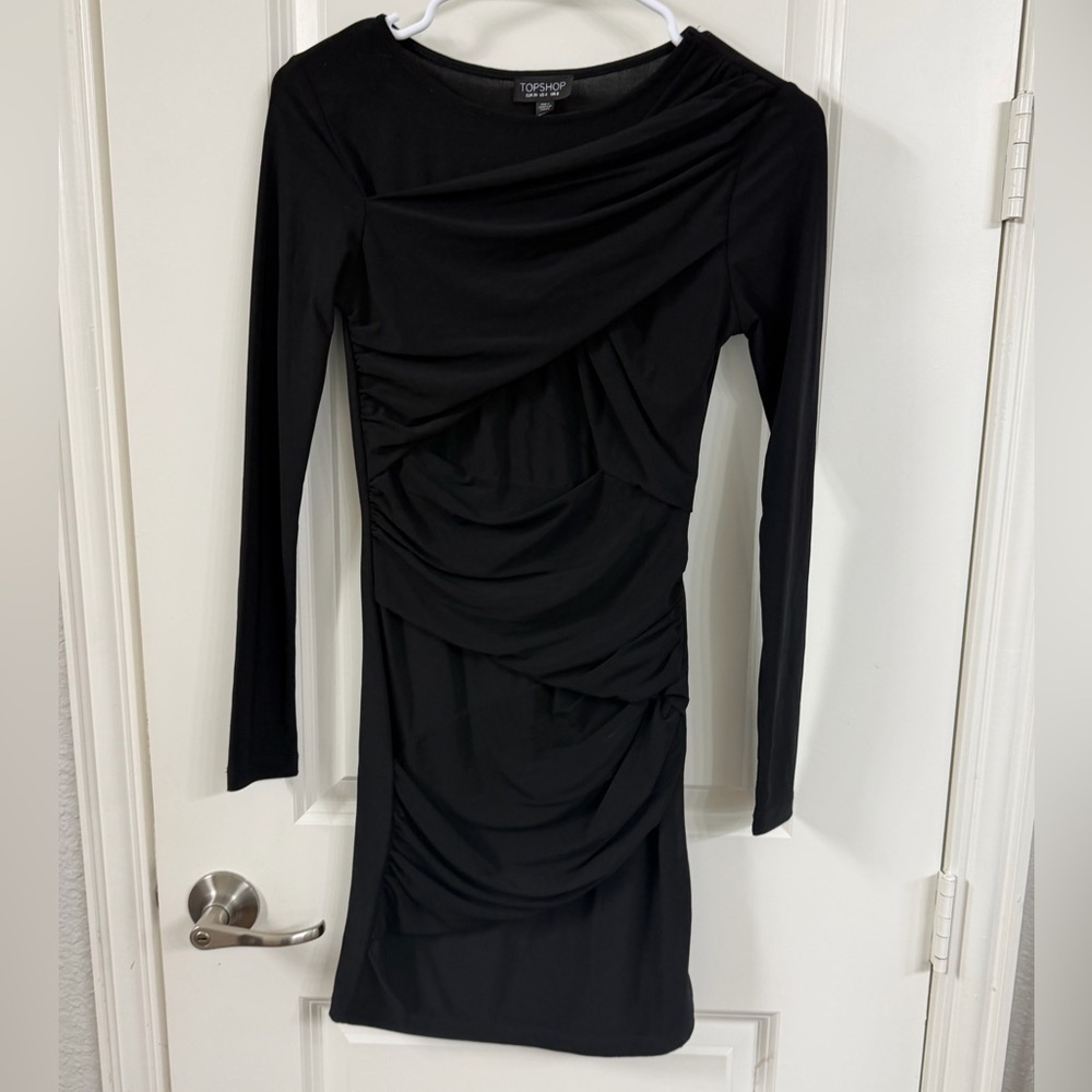 Topshop Black Long Sleeve Ruched Dress - Picture 1 of 7